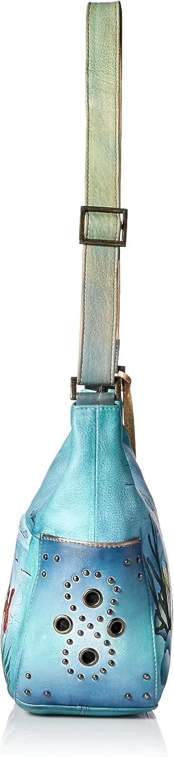 Anuschka Women's Genuine Leather Shoulder Bag | Hand Painted Original Artwork | Classic Hobo With Studded Side Pockets