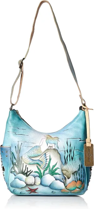 Anuschka Women's Genuine Leather Shoulder Bag | Hand Painted Original Artwork | Classic Hobo With Studded Side Pockets