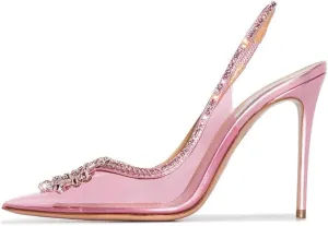 Arqa Clear PVC Slingback Pumps for Women,Rhinestone Embellished Pointed Toe High Heels Ankle Strap Dressy Stilettos