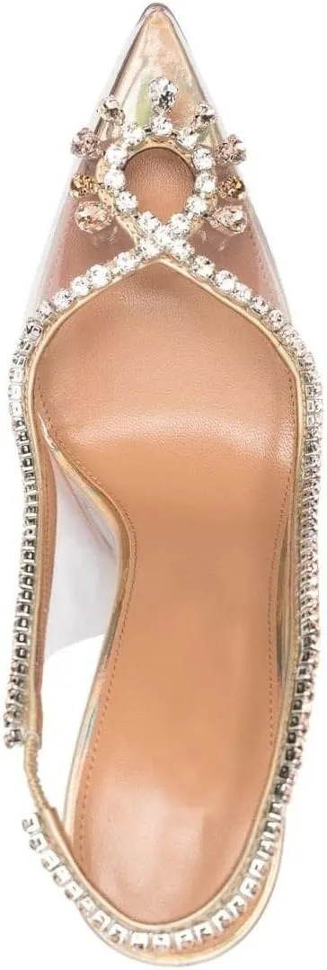 Arqa Clear PVC Slingback Pumps for Women,Rhinestone Embellished Pointed Toe High Heels Ankle Strap Dressy Stilettos