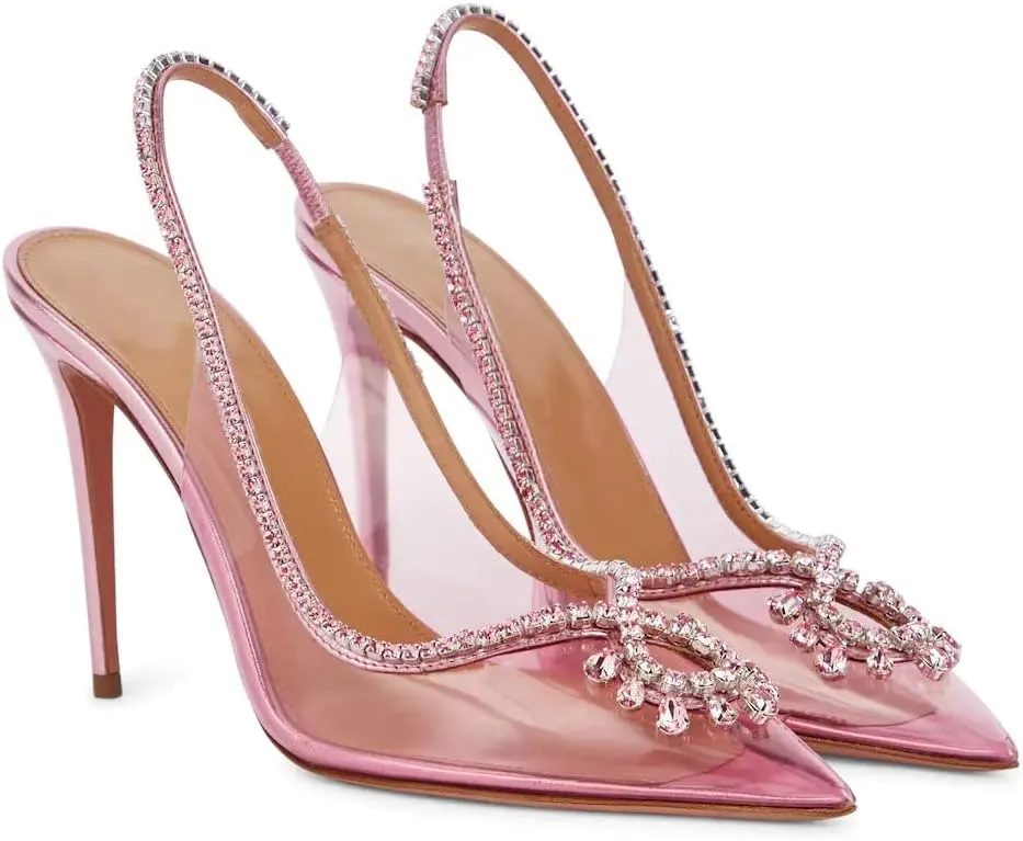 Arqa Clear PVC Slingback Pumps for Women,Rhinestone Embellished Pointed Toe High Heels Ankle Strap Dressy Stilettos