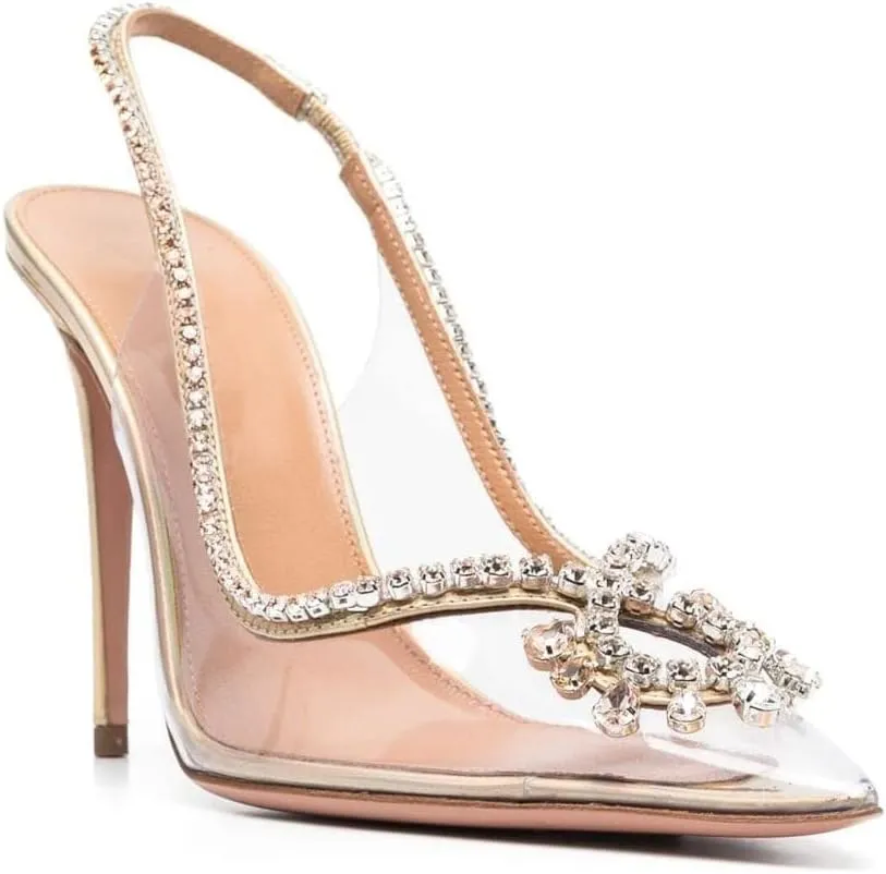 Arqa Clear PVC Slingback Pumps for Women,Rhinestone Embellished Pointed Toe High Heels Ankle Strap Dressy Stilettos