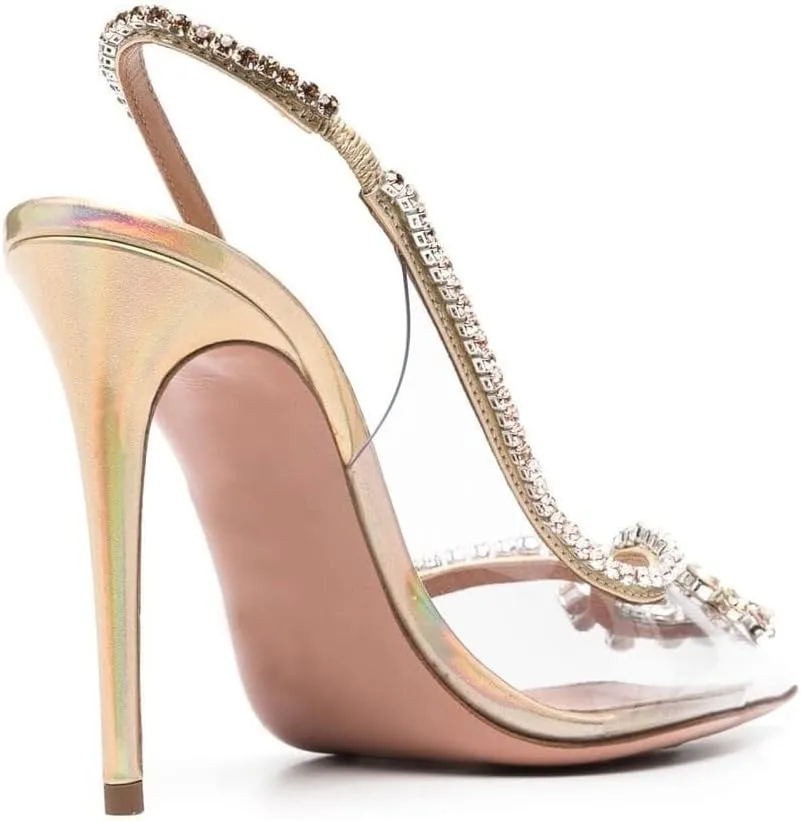 Arqa Clear PVC Slingback Pumps for Women,Rhinestone Embellished Pointed Toe High Heels Ankle Strap Dressy Stilettos