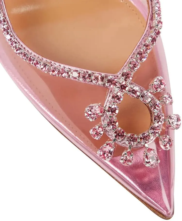Arqa Clear PVC Slingback Pumps for Women,Rhinestone Embellished Pointed Toe High Heels Ankle Strap Dressy Stilettos
