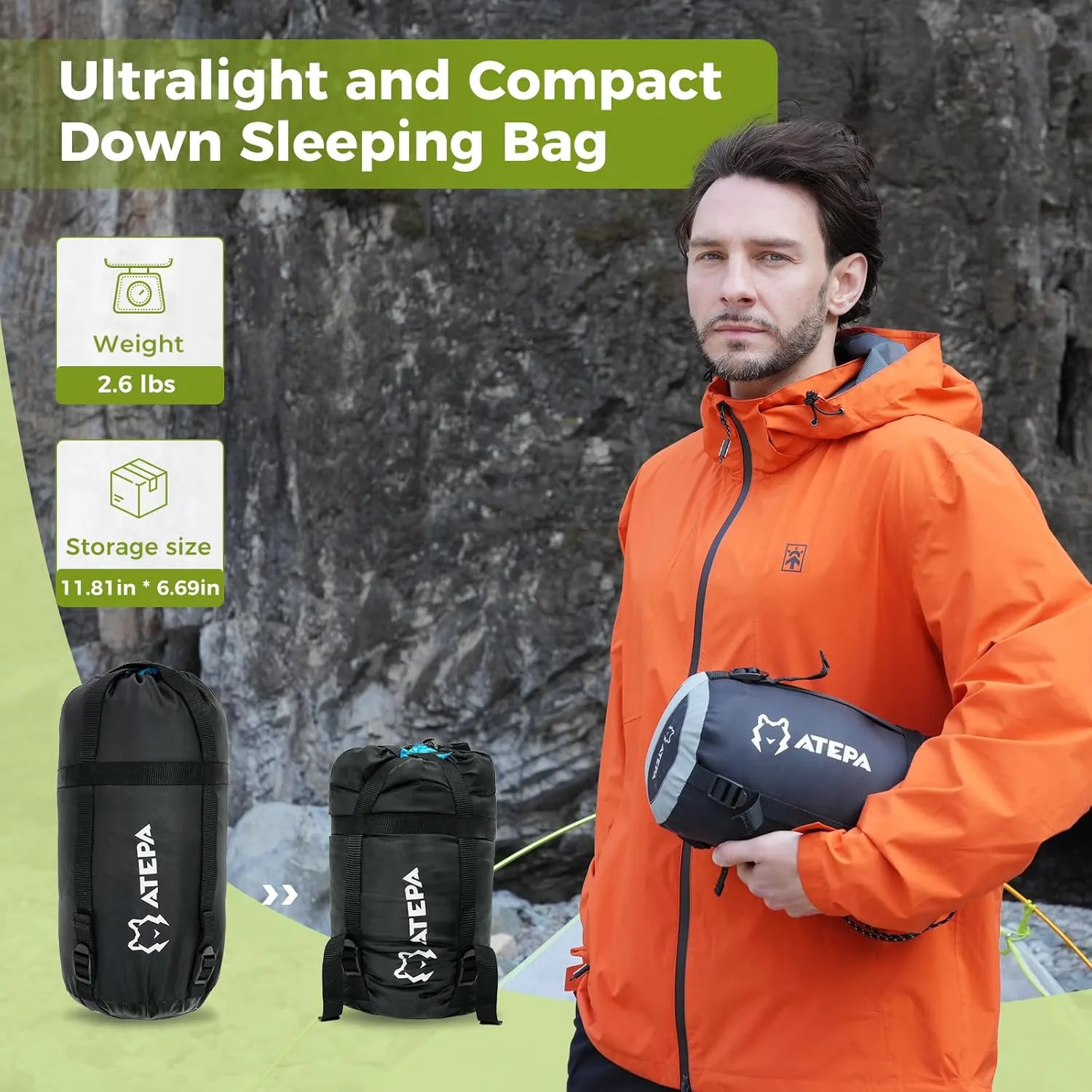 ATEPA Down Sleeping Bag, Recycled 650FP 0 Degree 40 Degree 4 Season Summer & Winter Compact Rectangle Lightweight Waterproof Wearable Sleeping Bag with Compression Sack for Camping Backpacking Hiking