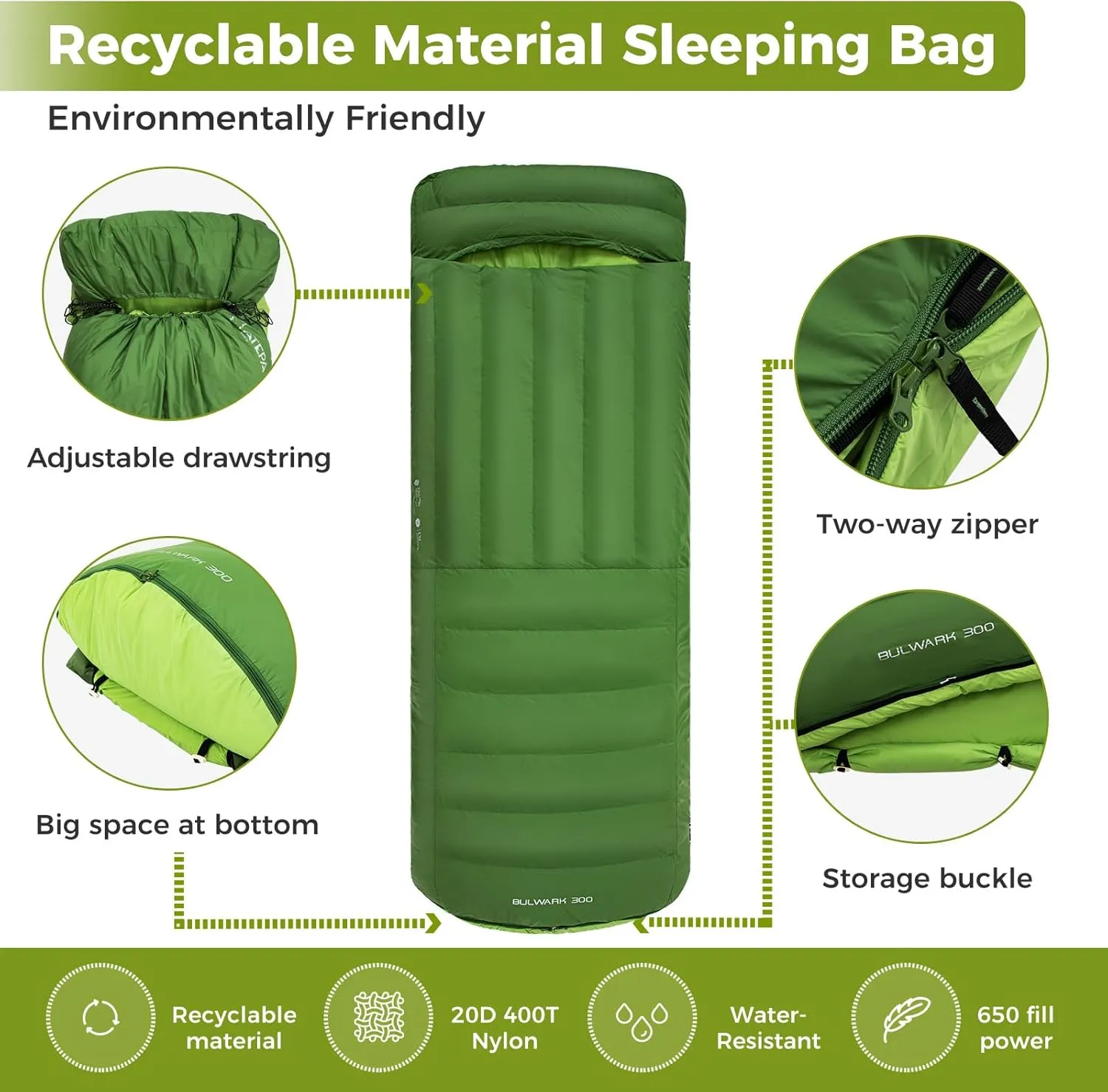 ATEPA Down Sleeping Bag, Recycled 650FP 0 Degree 40 Degree 4 Season Summer & Winter Compact Rectangle Lightweight Waterproof Wearable Sleeping Bag with Compression Sack for Camping Backpacking Hiking