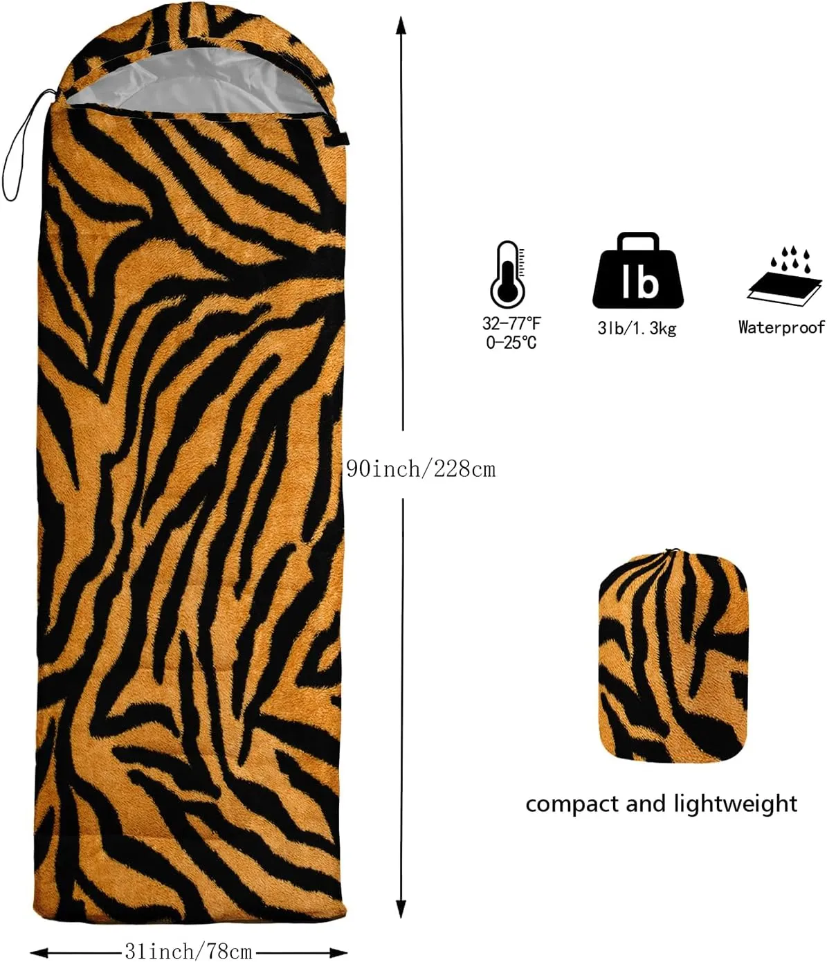 Axolotl Tiger Skin Sleeping Bag,3 Season Warm Cool Weather Waterproof Portable Camping Bag for Adults,Lightweight Backpacking Bag with Compression Sack for Camping Travelling Outdoor Picnic,Yellow