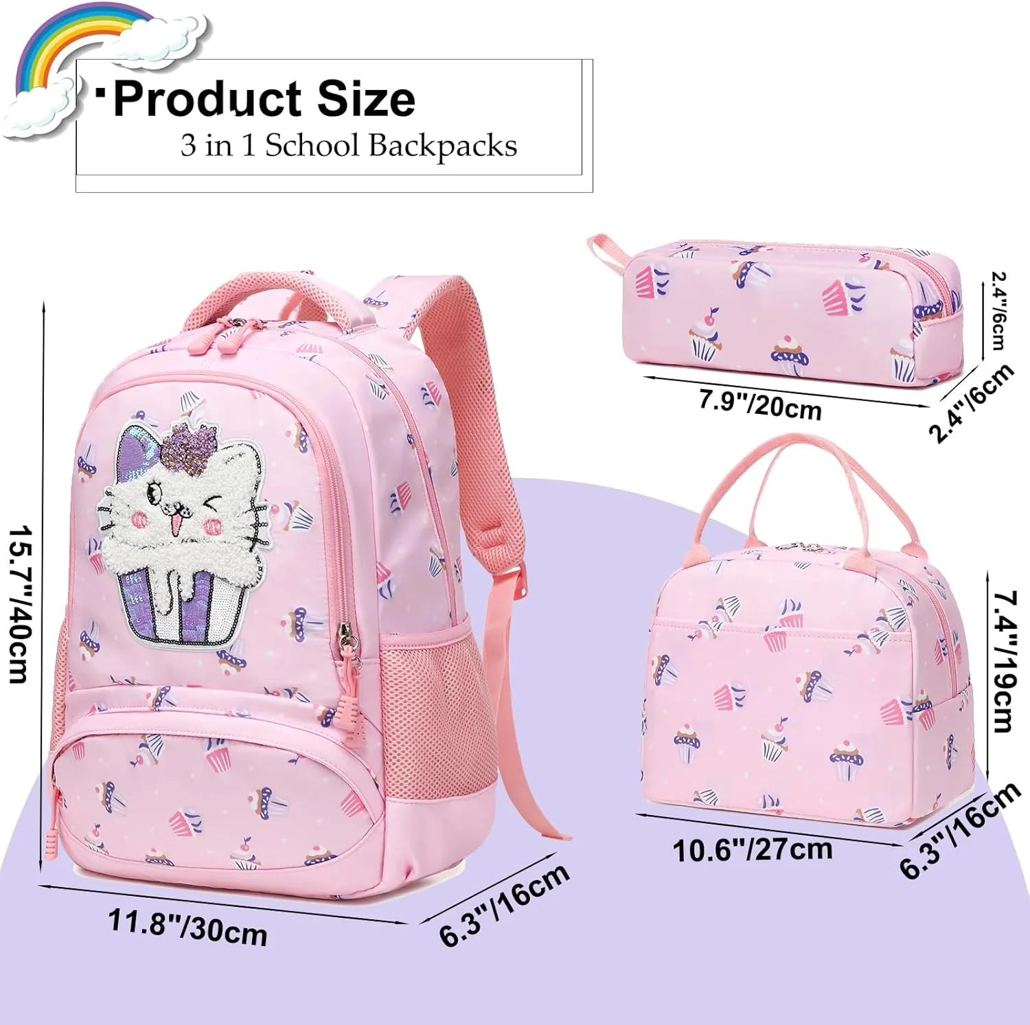 Backpack Unicorn for Girls School Preschool Backpack for Girls 3 IN 1 School Bookpack Set with Lunch Bag Pencil Bag