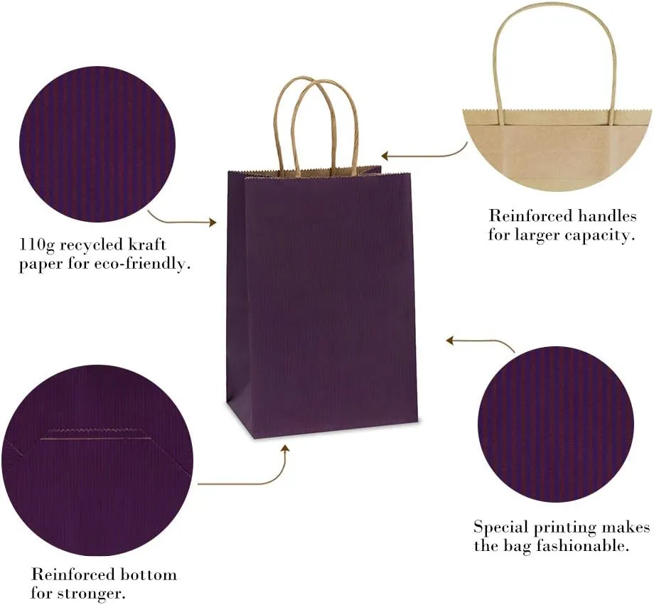 BagDream Gift Bags 100Pcs 5.25x3x8 Small Kraft Paper Gift Bags with Handles Bulk, Purple Paper Sacks for Small Business, Retail, Merchandise, Grocery, Wedding Birthday Party favor