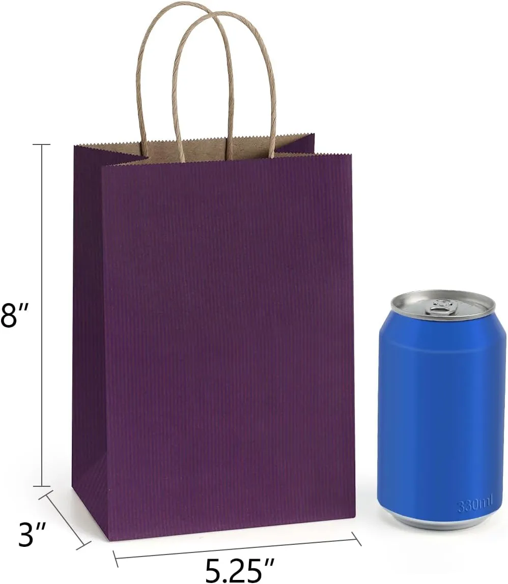 BagDream Gift Bags 100Pcs 5.25x3x8 Small Kraft Paper Gift Bags with Handles Bulk, Purple Paper Sacks for Small Business, Retail, Merchandise, Grocery, Wedding Birthday Party favor