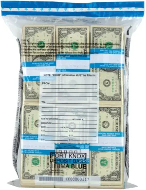 BankSupplies Ultima Blue Clear Deposit Bags 12W x 16H Case of 100 Bank Deposit Bags with Tamper Evident Security, Easy to Use Write-On Surface, and Captive Flap Closure