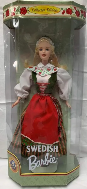 Barbie Year 1999 Collector Edition Dolls of the World 20th Anniversary 12 Inch Doll - Swedish Barbie in One Piece Dress with Attached Apron and Vest Plus Shawl, Hat, Knee Socks, Shoes and Doll Stand