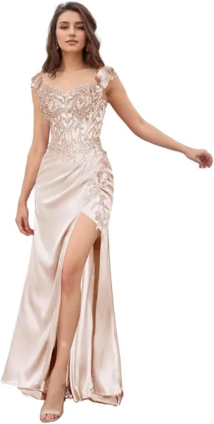 Basgute Satin Prom Dresses for Women Long 2024 3D Flower Lace Applique Off Shoulder Formal Evening Party Gown with Slit