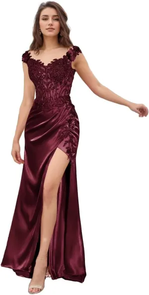 Basgute Satin Prom Dresses for Women Long 2024 3D Flower Lace Applique Off Shoulder Formal Evening Party Gown with Slit