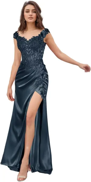 Basgute Satin Prom Dresses for Women Long 2024 3D Flower Lace Applique Off Shoulder Formal Evening Party Gown with Slit