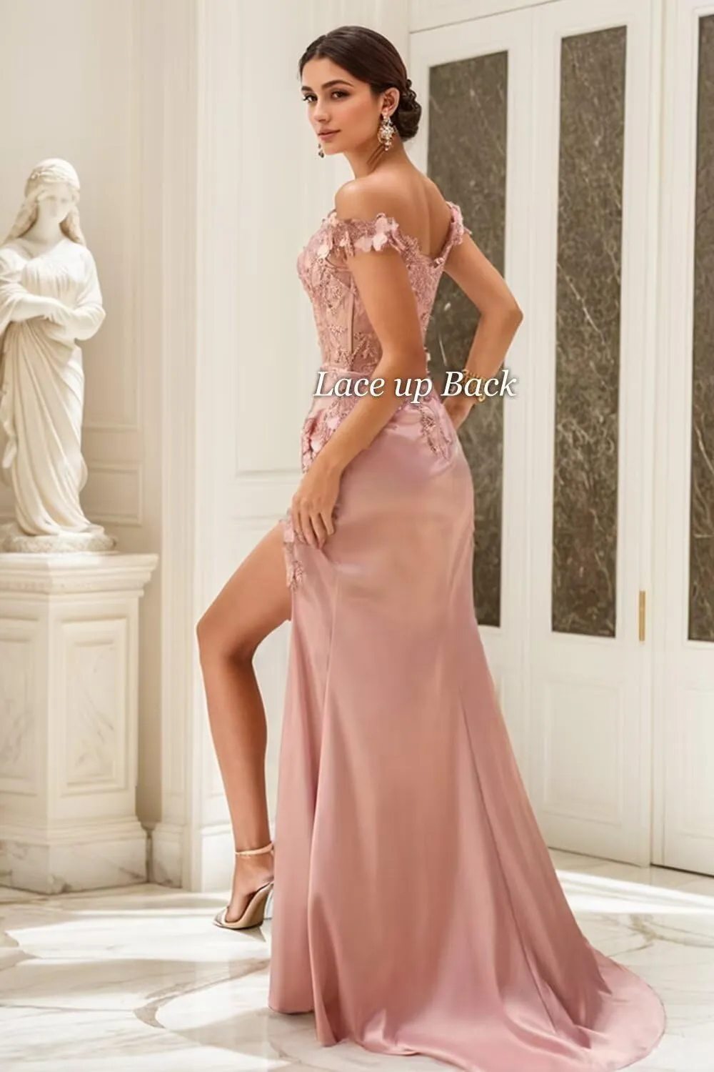 Basgute Satin Prom Dresses for Women Long 2024 3D Flower Lace Applique Off Shoulder Formal Evening Party Gown with Slit