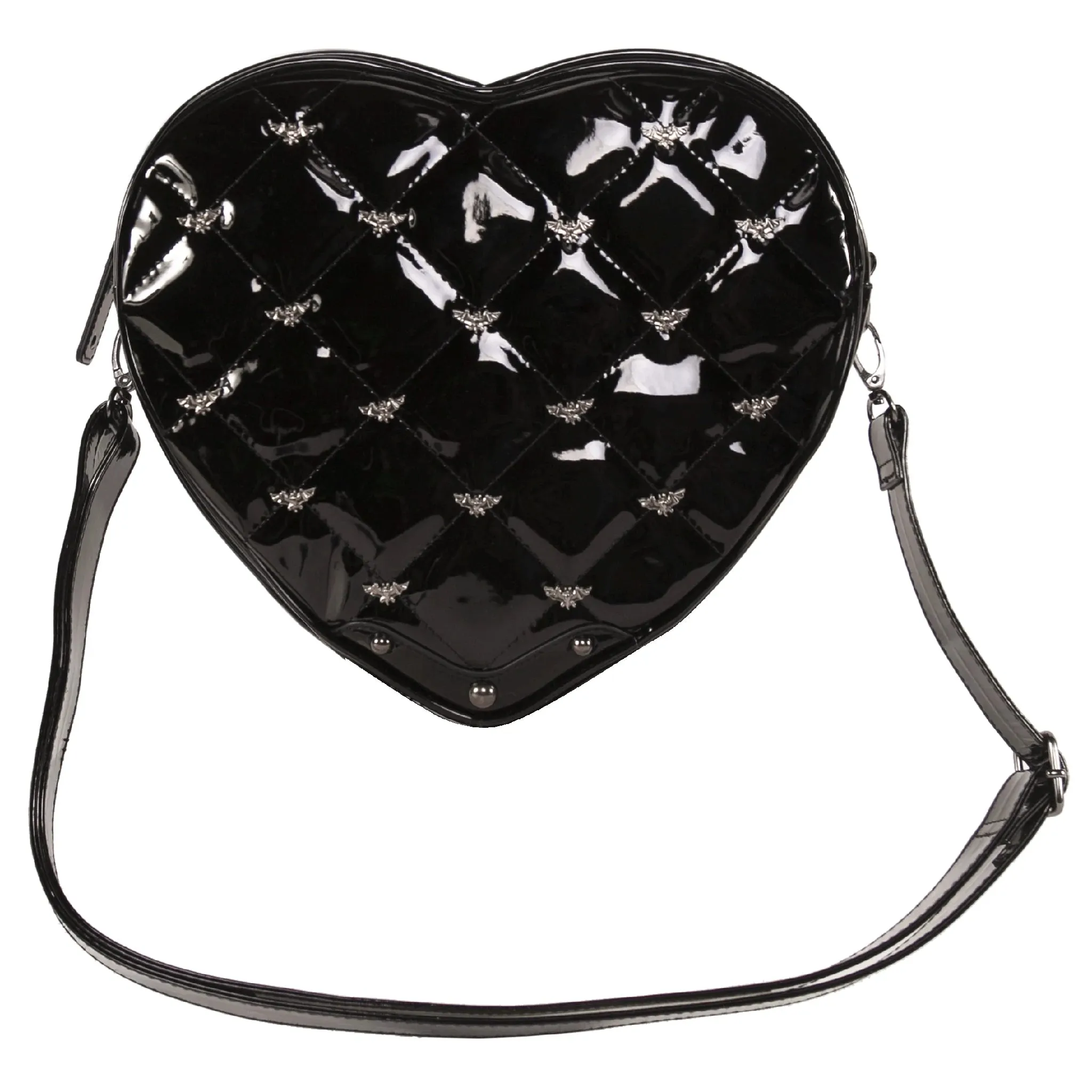 Bat studded quilted heart shaped patent vinyl shoulder bag