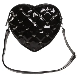 Bat studded quilted heart shaped patent vinyl shoulder bag