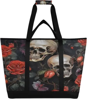 Beautiful Flowers and Skull Reusable Insulated Lunchbox Cooler Bag, Leakproof Kitchen Grocery Bag Collapsible Portable Cooler Tote Bag for Picnic, Camping, Office, Travel
