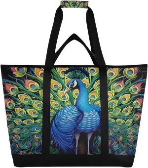 Beautiful Peacock Reusable Insulated Lunchbox Cooler Bag, Leakproof Kitchen Grocery Bag Collapsible Portable Cooler Tote Bag for Picnic, Camping, Office, Travel