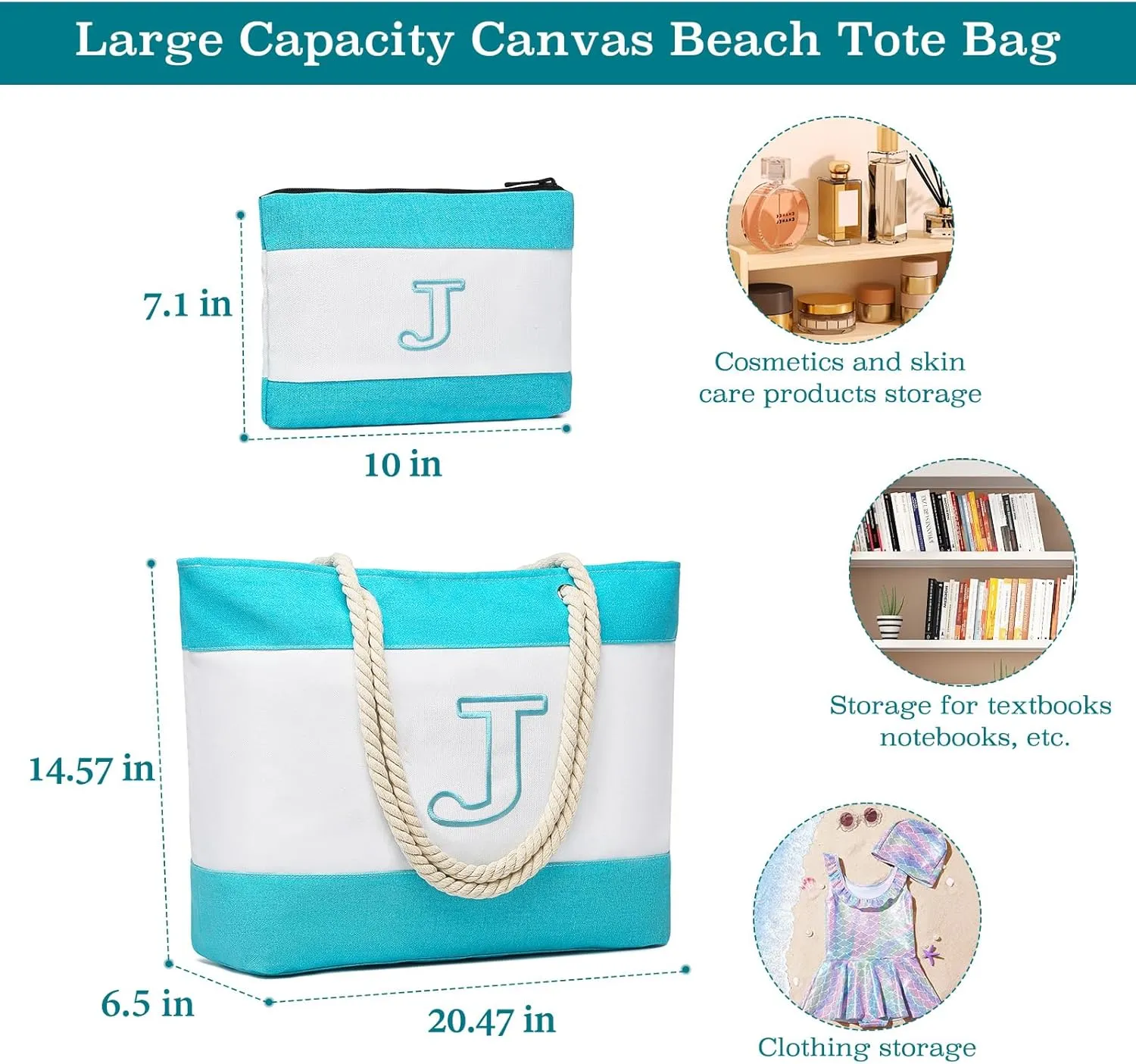 Becokan Initial Beach Bag Waterproof Canvas Beach Tote Bag Zipper Personalized Gifts for Women Her Birthday Travel Essentials