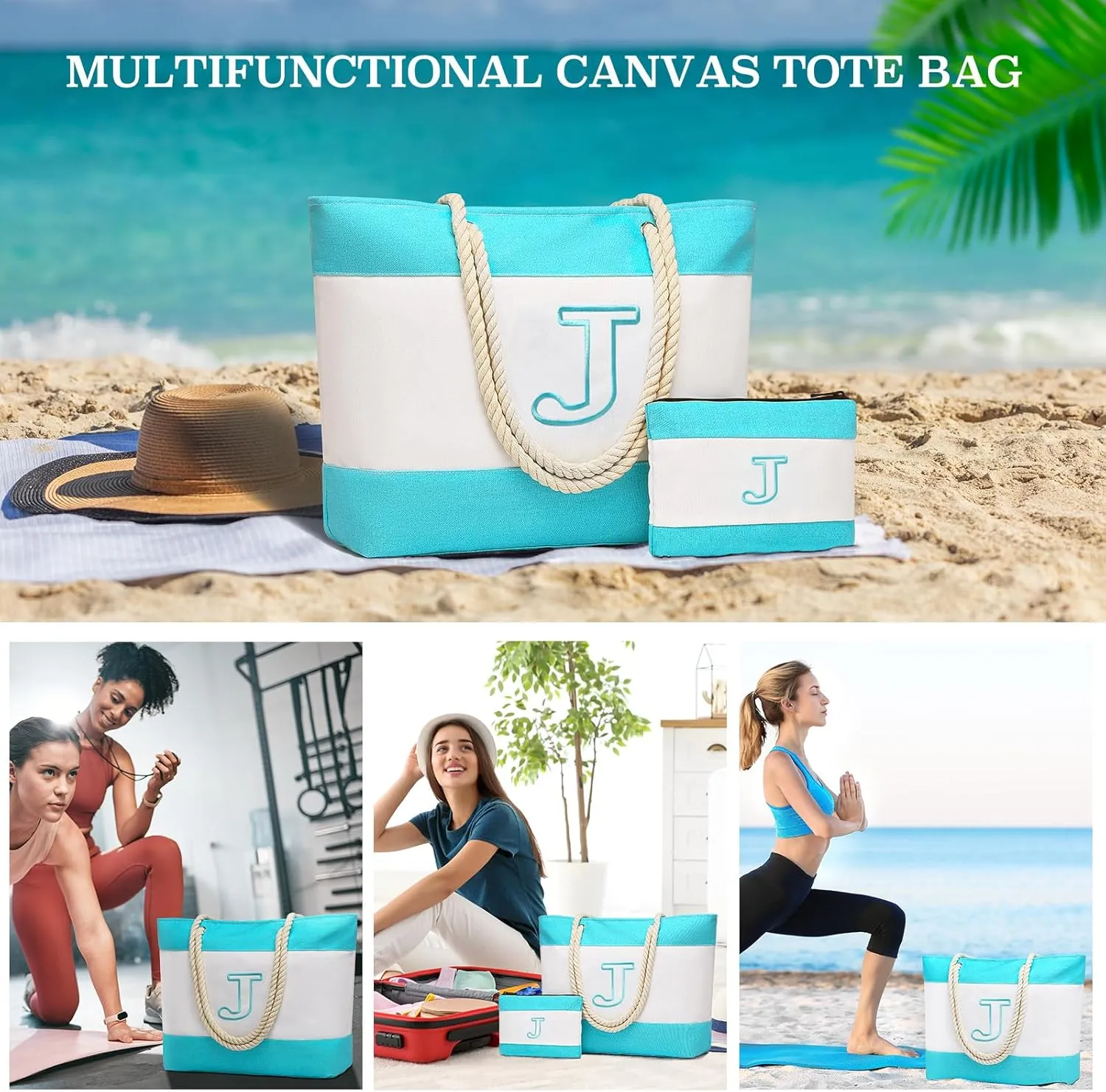 Becokan Initial Beach Bag Waterproof Canvas Beach Tote Bag Zipper Personalized Gifts for Women Her Birthday Travel Essentials