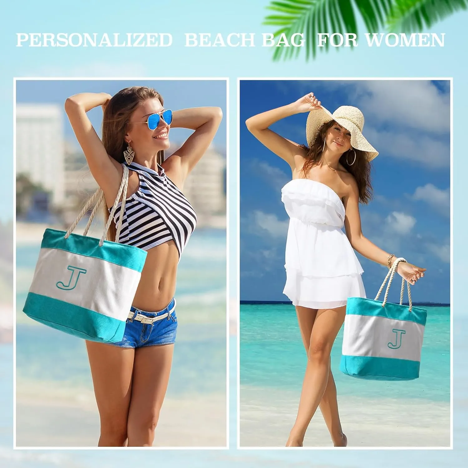Becokan Initial Beach Bag Waterproof Canvas Beach Tote Bag Zipper Personalized Gifts for Women Her Birthday Travel Essentials