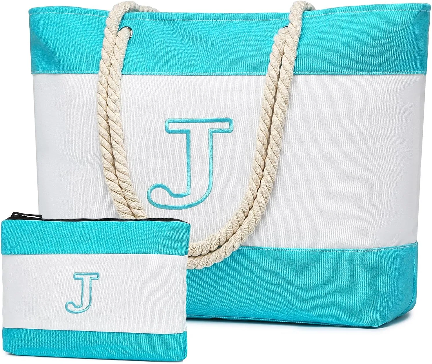 Becokan Initial Beach Bag Waterproof Canvas Beach Tote Bag Zipper Personalized Gifts for Women Her Birthday Travel Essentials