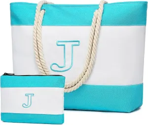 Becokan Initial Beach Bag Waterproof Canvas Beach Tote Bag Zipper Personalized Gifts for Women Her Birthday Travel Essentials