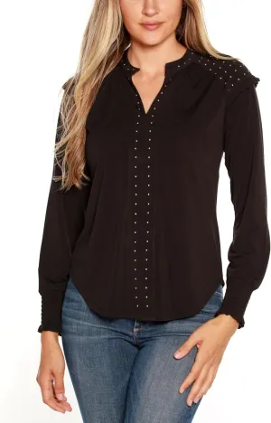 Belldini Womens Black Label Embellished Split Neck Top Black Gold-Tone S