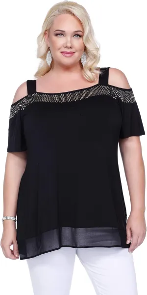 Belldini Women's Fashion, Plus Size, 3/4 Sleeve Cold Shoulder Pull Over with Studs