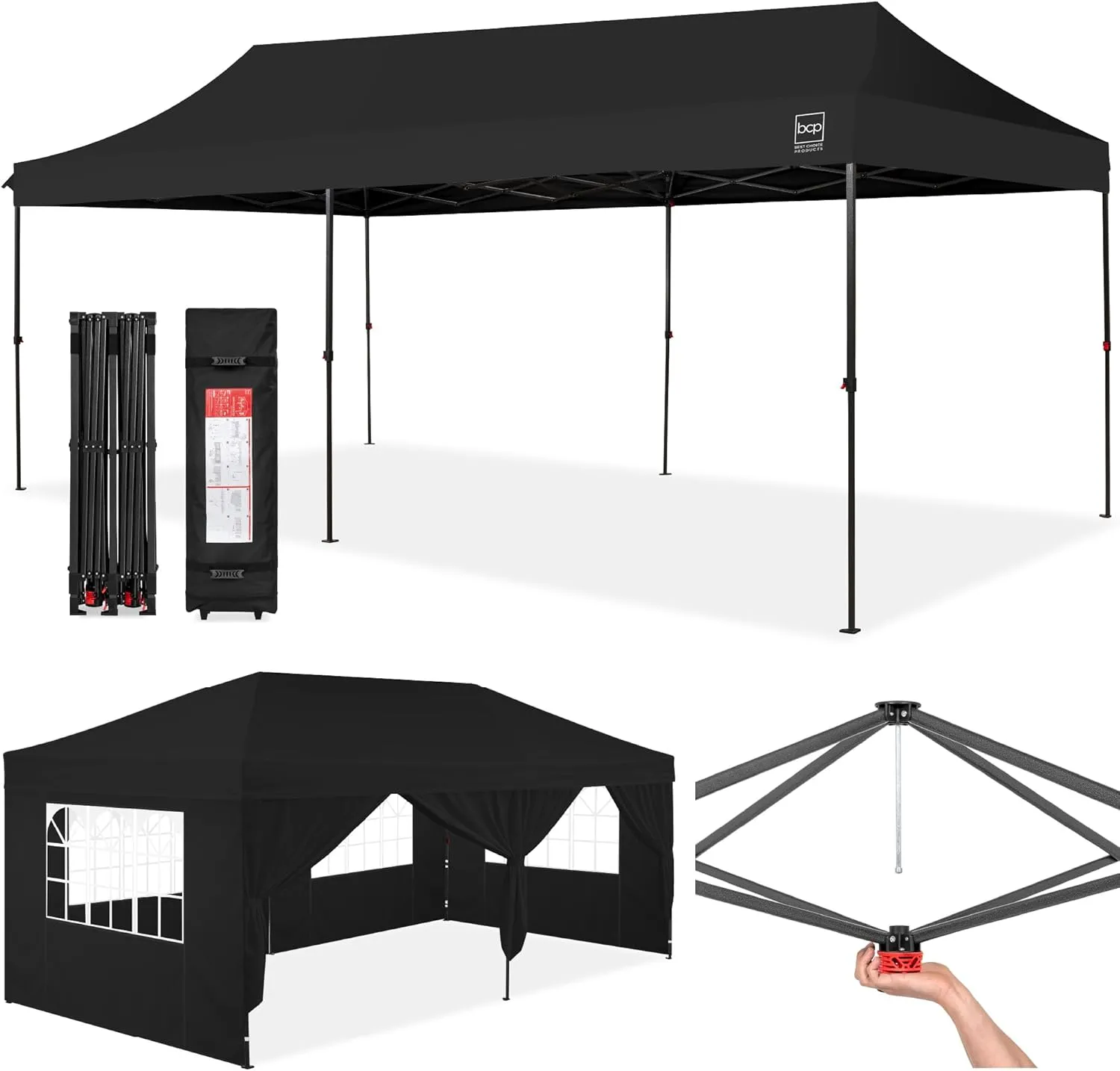 Best Choice Products 10x20 Party Tent, Heavy Duty Waterproof Large Outdoor Event Easy Pop Up Canopy Shelter w/Sidewalls, 1-Button Setup, Wheeled Case, Weight Bags - Black