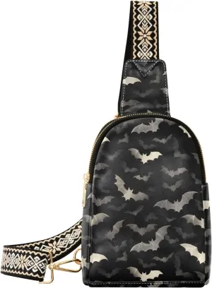 Black Bat Full-Print Leather Fashion Waist Pack Small Crossbody Bag with Card Slots & Adjustable Strap for Biking Shopping Hiking Running & Casual Outings