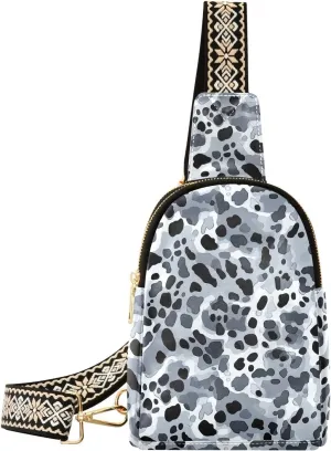 Black Leopard Print Compact Fashion Daypack Full-Print PU Leather Crossbody Bag with Card Pocket & Adjustable Strap for Women on the Go Festivals Travel & Hikes