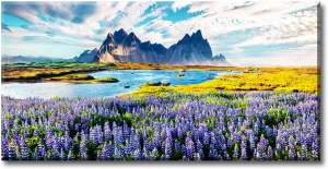BLINFEIRU Large Mountain Floral Landscape Canvas Wall Art Blooming Purple Lupine Flowers Pictures Nature Sky Clouds Lake Paintings Prints Modern Home Bedroom Living Room Decor Framed Artwork 20"x40"