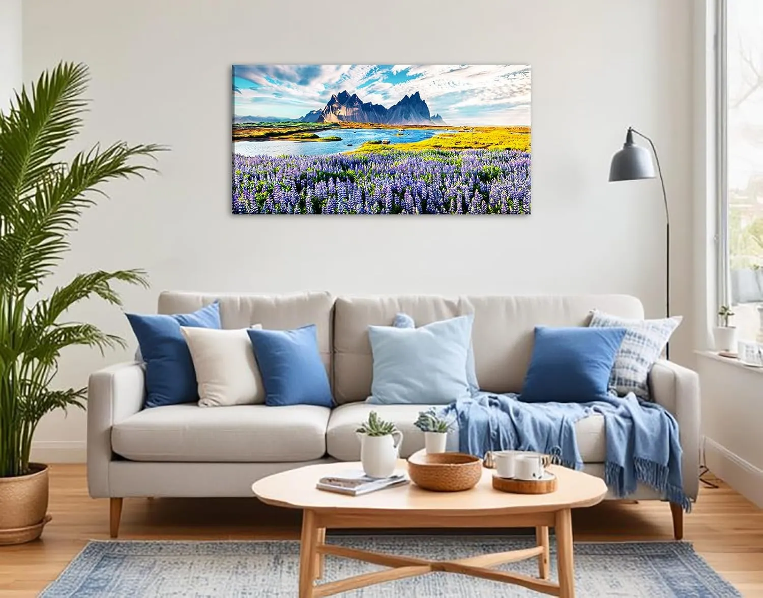 BLINFEIRU Large Mountain Floral Landscape Canvas Wall Art Blooming Purple Lupine Flowers Pictures Nature Sky Clouds Lake Paintings Prints Modern Home Bedroom Living Room Decor Framed Artwork 20"x40"