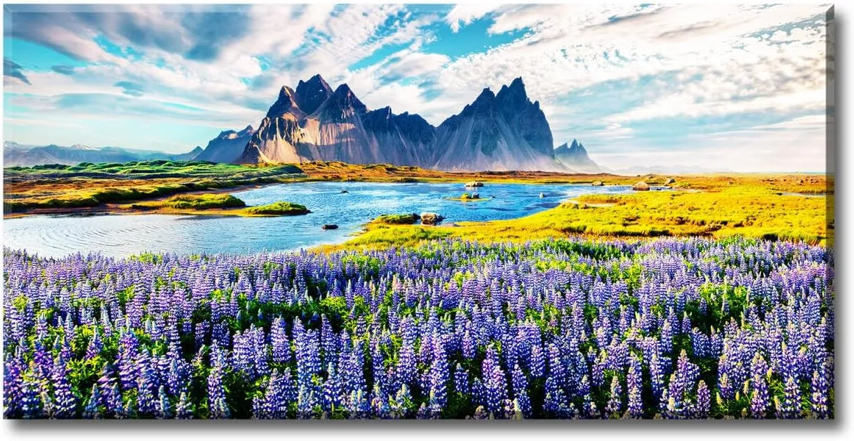 BLINFEIRU Large Mountain Floral Landscape Canvas Wall Art Blooming Purple Lupine Flowers Pictures Nature Sky Clouds Lake Paintings Prints Modern Home Bedroom Living Room Decor Framed Artwork 20"x40"