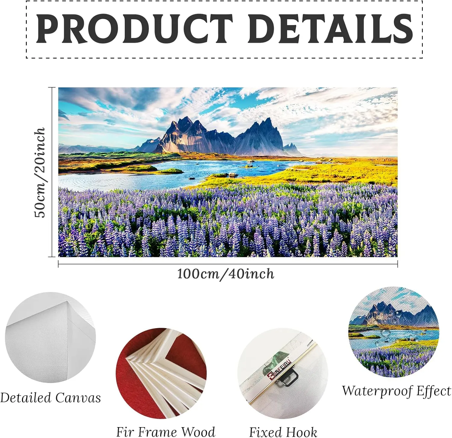 BLINFEIRU Large Mountain Floral Landscape Canvas Wall Art Blooming Purple Lupine Flowers Pictures Nature Sky Clouds Lake Paintings Prints Modern Home Bedroom Living Room Decor Framed Artwork 20"x40"