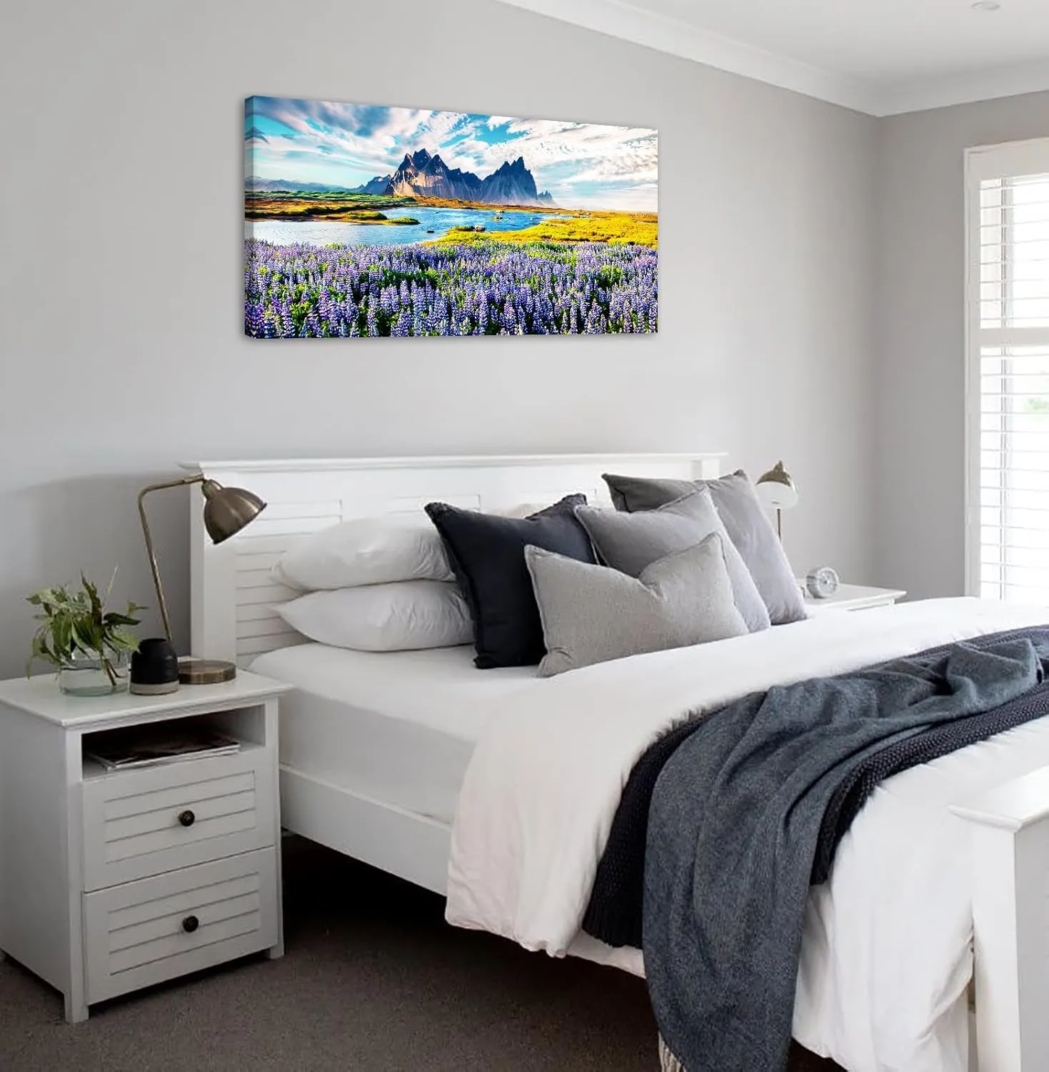 BLINFEIRU Large Mountain Floral Landscape Canvas Wall Art Blooming Purple Lupine Flowers Pictures Nature Sky Clouds Lake Paintings Prints Modern Home Bedroom Living Room Decor Framed Artwork 20"x40"