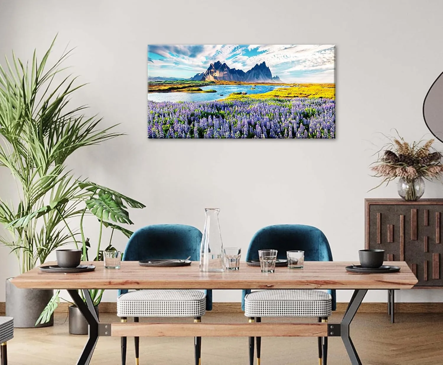 BLINFEIRU Large Mountain Floral Landscape Canvas Wall Art Blooming Purple Lupine Flowers Pictures Nature Sky Clouds Lake Paintings Prints Modern Home Bedroom Living Room Decor Framed Artwork 20"x40"
