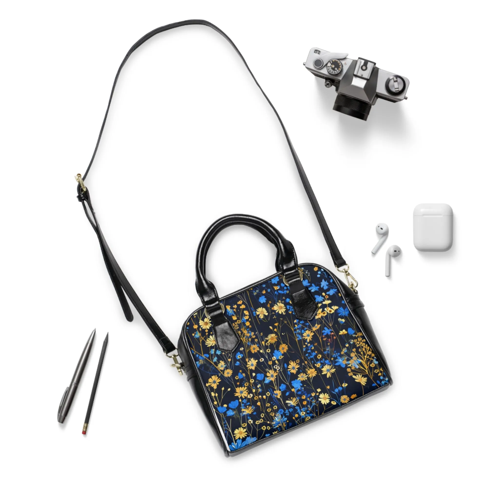 Blue and Gold Flowers Shoulder Handbag