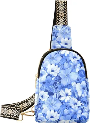 Blue Floral Stylish PU Leather Waist Pack Soft Waterproof Crossbody Bag with Metal Hardware Fits Keys Phone Passport for Work Walks Music Fests & Trips