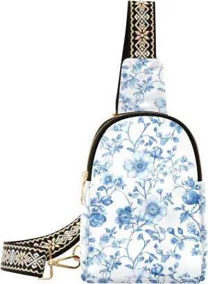 Blue Flower Full-Print Leather Fashion Waist Pack Small Crossbody Bag with Card Slots & Adjustable Strap for Biking Shopping Hiking Running & Casual Outings