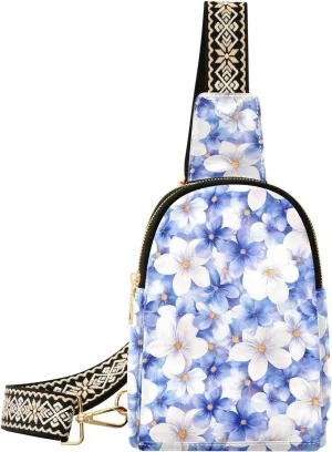 Blue White Flower Mini Crossbody Bag with Full-Print PU Leather Fashion Waist Pack with Adjustable Strap & Card Holder Great for Hiking Fishing Beach Travel & More