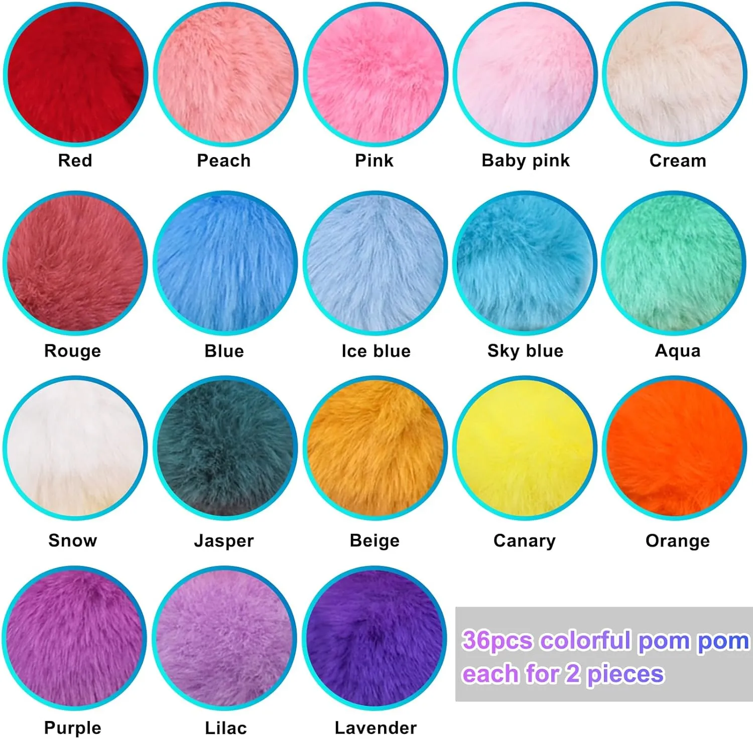 BQTQ 36 Pieces Faux Fur Pom Pom Fluffy Pom Pom Balls with Elastic Loop DIY Faux Rabbit Fur Pom Pom for Hats Beanie Shoes Scarves Gloves Bags Accessories(18 Colors, 2 Pcs Each Color)