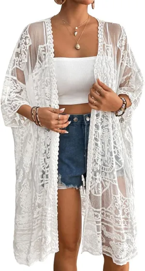 Bsubseach Lace Kimonos for Women 2025 Swim Cover Up Summer Beach Coverup Open Front Sheer Kimono Cardigan