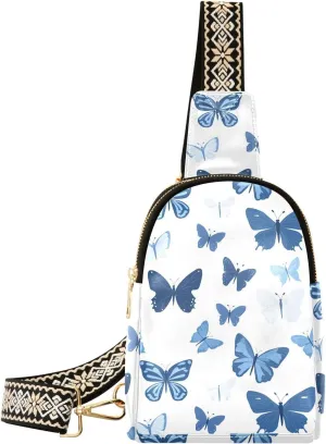 Butterfly Blue Full-Print Leather Fashion Waist Pack Small Crossbody Bag with Card Slots & Adjustable Strap for Biking Shopping Hiking Running & Casual Outings