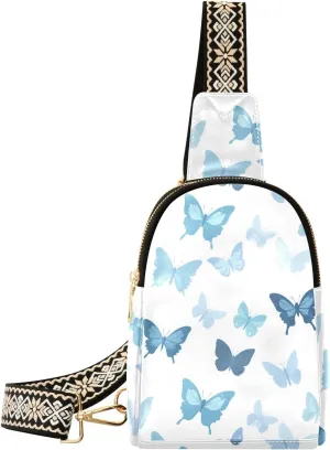 Butterfly Blue Stylish PU Leather Waist Pack Soft Waterproof Crossbody Bag with Metal Hardware Fits Keys Phone Passport for Work Walks Music Fests & Trips