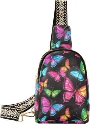 Butterfly Color Compact Fashion Daypack Full-Print PU Leather Crossbody Bag with Card Pocket & Adjustable Strap for Women on the Go Festivals Travel & Hikes