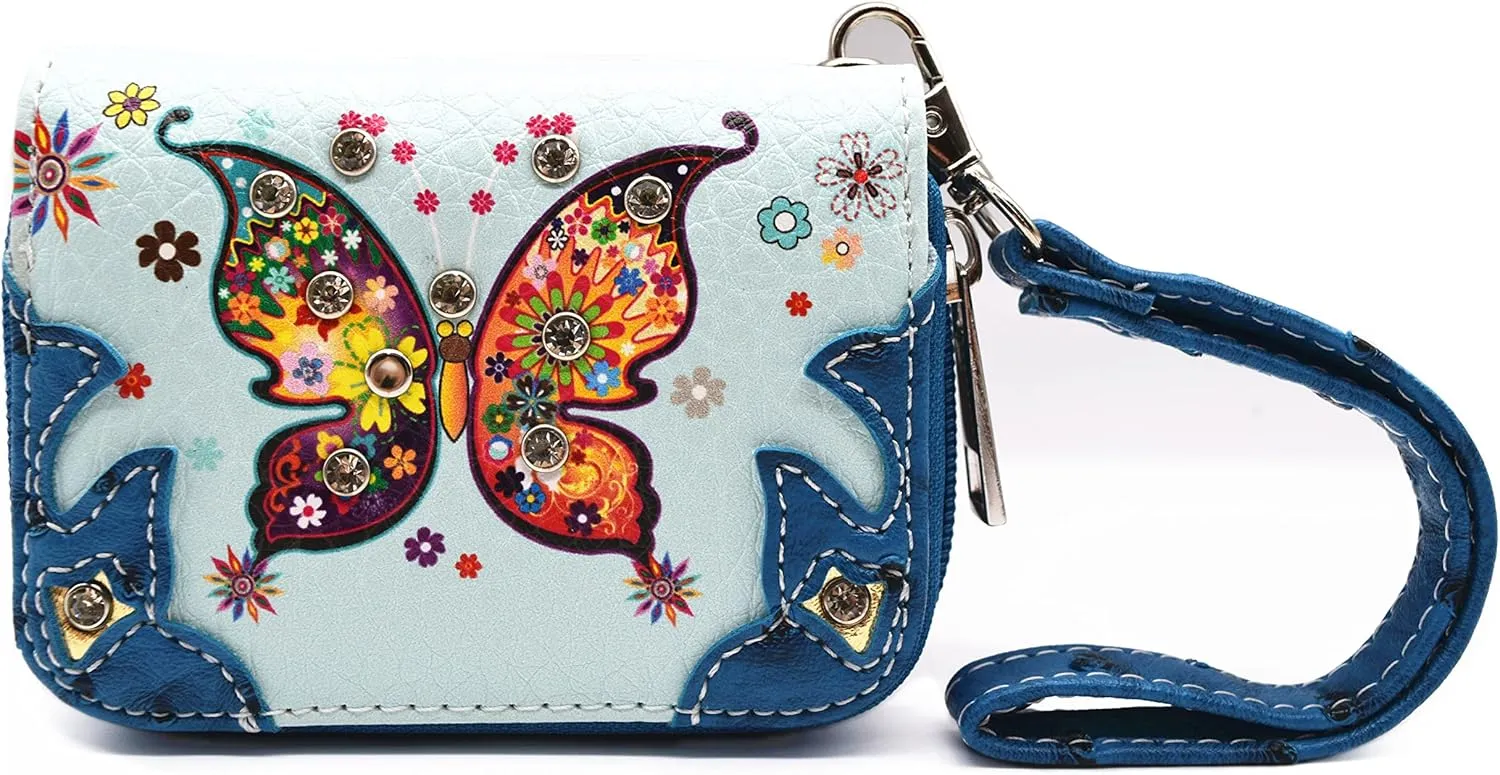 Butterfly Flower Springtime Purse Women Clutch Western CCW Rhinestone Crossbody Handbags With Mini Wallet